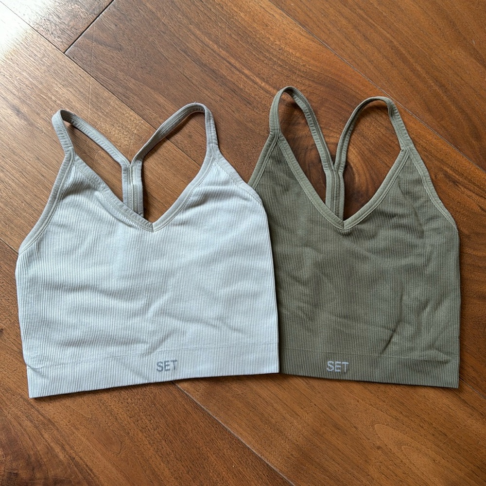 SET ACTIVE Crop Top Sports Bra 2-pack / XS ribbed Racerback / cream & green